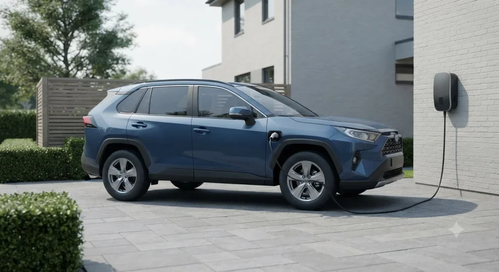 Plug-in hybrid car connected to a home charging point.
