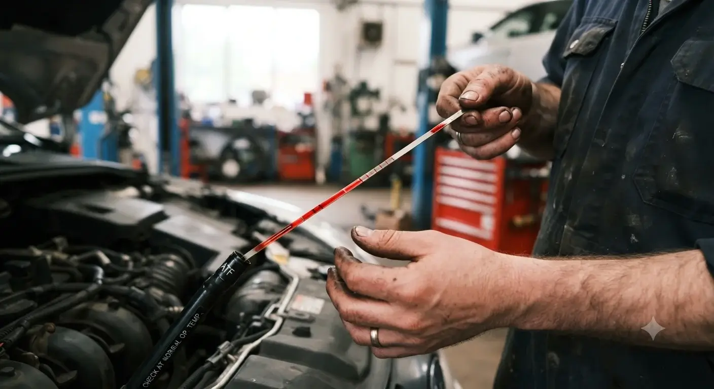 Mechanic checking car transmission fluid colour in a UK garage
