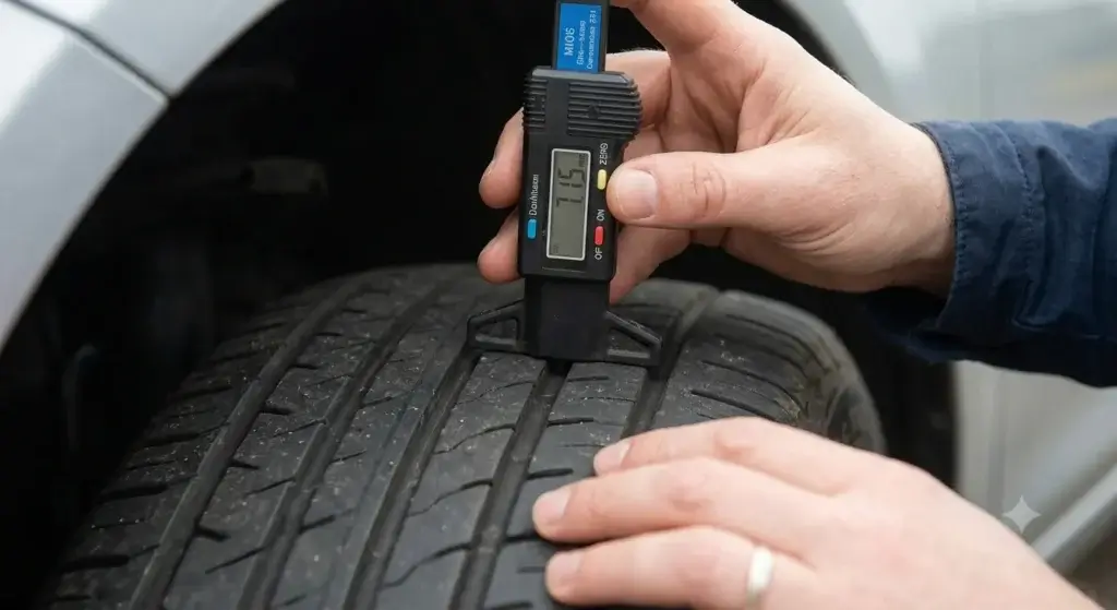 Close-up of a digital tyre tread depth gauge reading measured against a car tyre