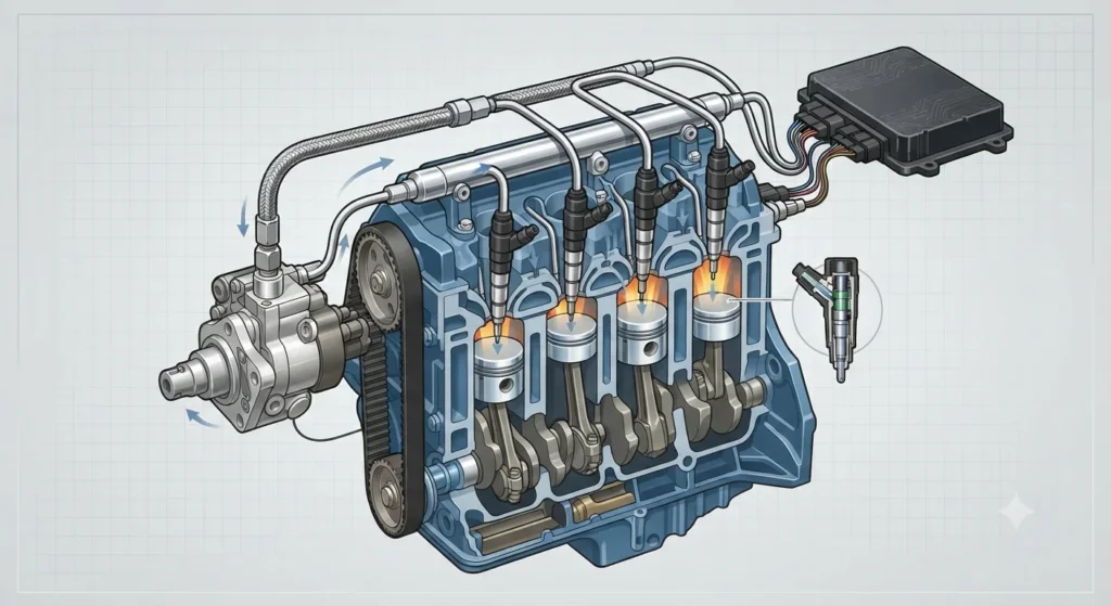 Diagram of a common rail diesel injection system.