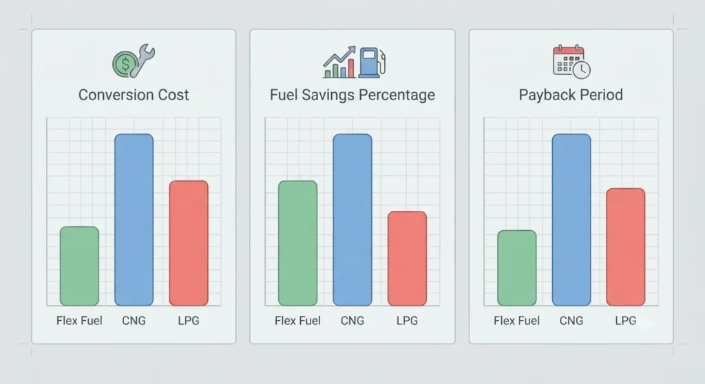 Infographic comparing conversion cost and fuel savings for flex fuel, CNG, and LPG.