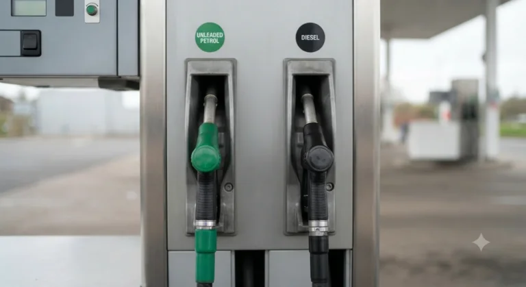 Diesel and petrol fuel pump nozzles side by side at a UK filling station.