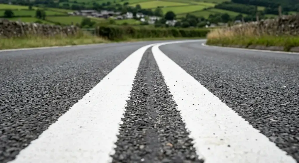 Close-up of double solid white lines painted on a UK road