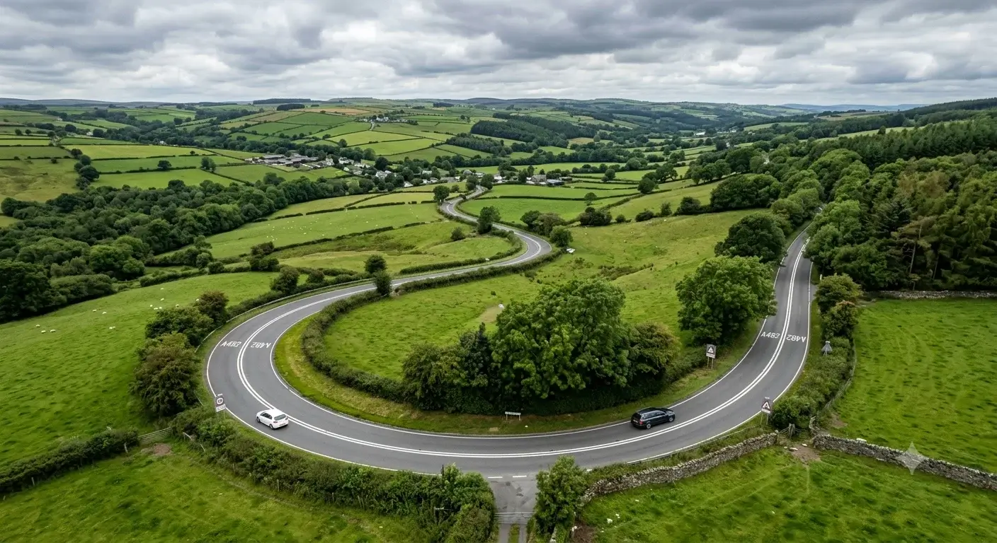 Double white lines on a UK rural road showing centre road markings