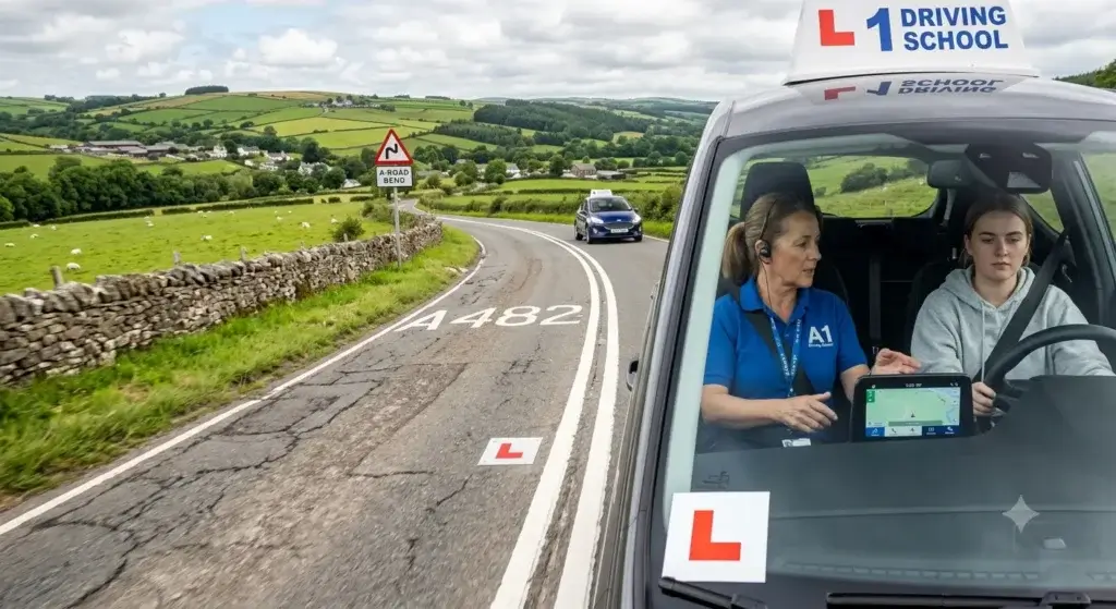 Learner driver approaching double white lines on a UK driving test route