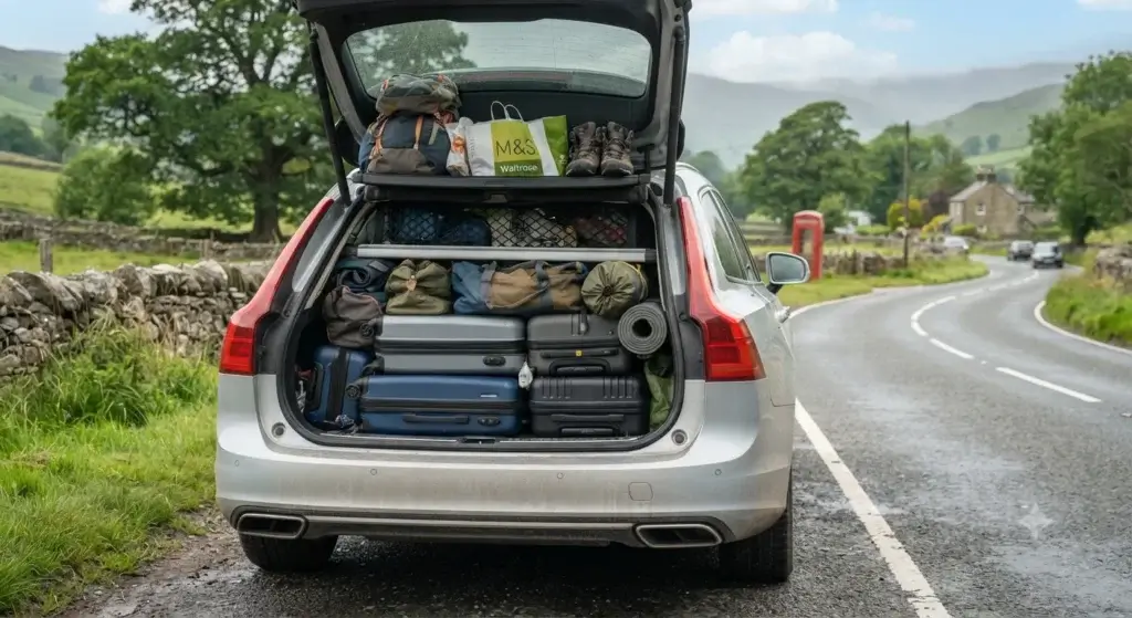 Estate car with large boot space loaded with luggage