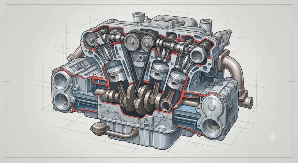 Diagram of a flat boxer engine with horizontally opposed cylinders.