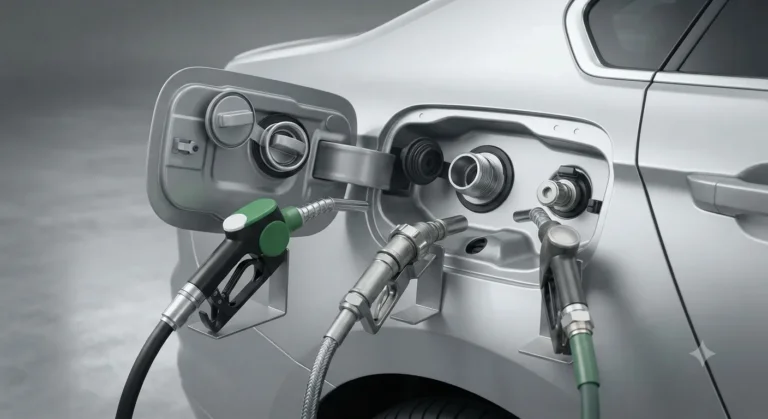 Comparison of petrol, CNG, and LPG fuel filling connections.