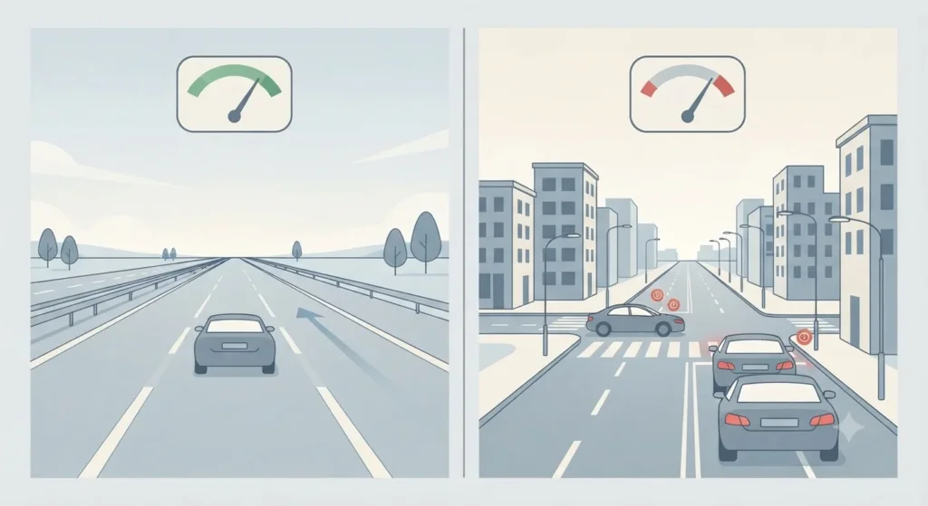 Infographic comparing diesel and petrol fuel economy on motorway versus urban driving.
