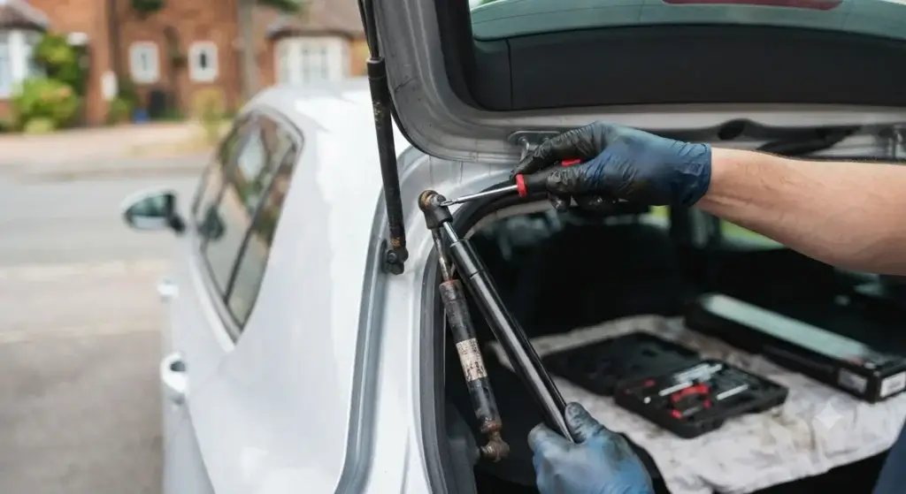 Mechanic replacing a worn gas strut in a car boot