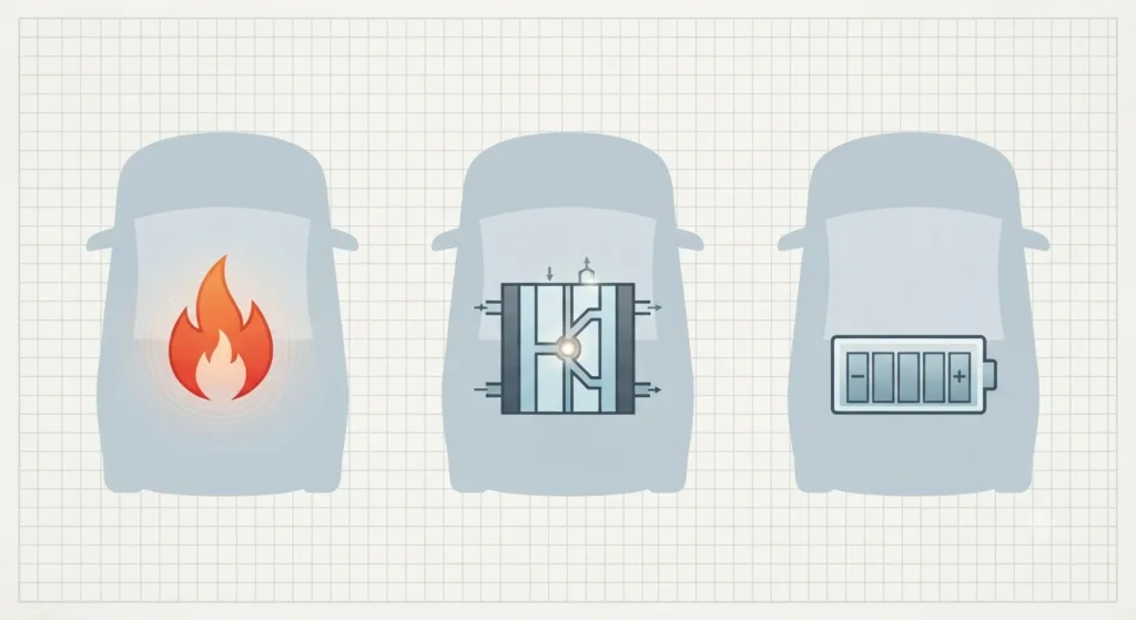 Infographic comparing HICE, hydrogen fuel cell, and battery electric vehicle systems.