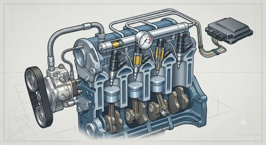 Diagram of a common rail diesel injection system with high-pressure fuel rail.