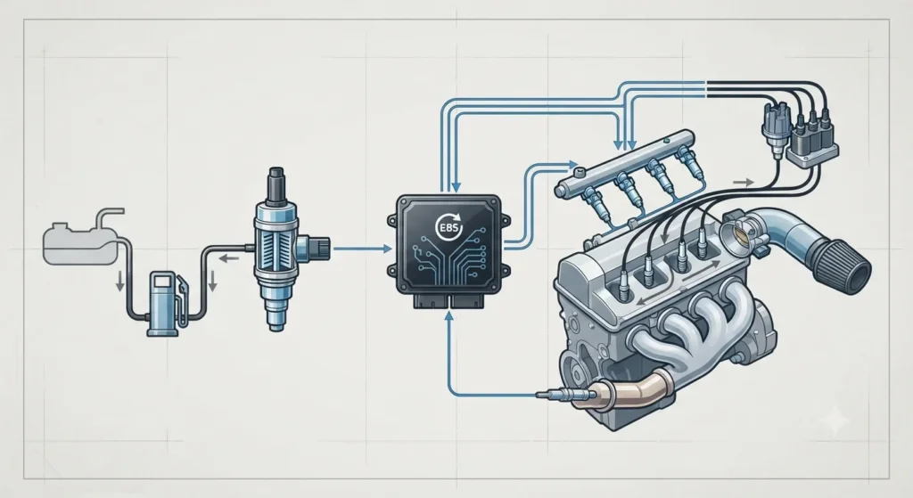 Flex Fuel E85 Diagram of a flex-fuel vehicle system with ethanol sensor and engine control unit.