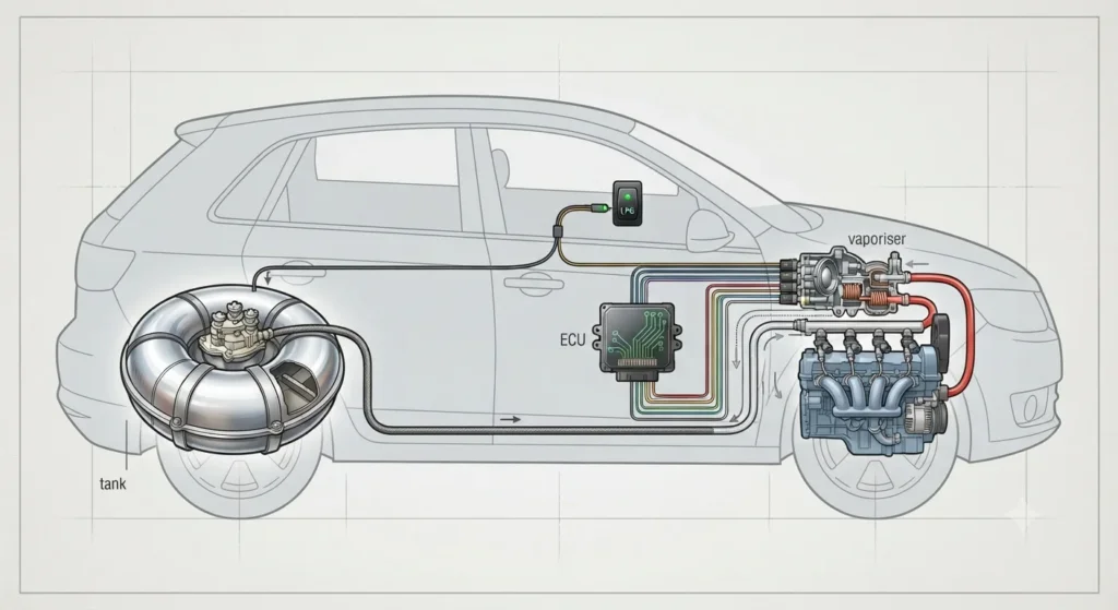Diagram of an LPG conversion system showing tank, vaporiser, and injectors.