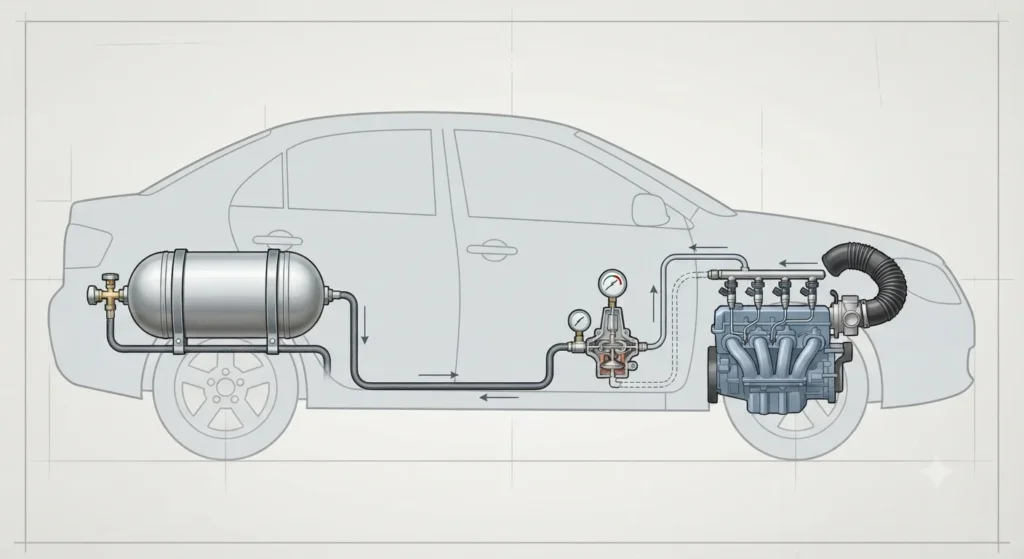 Diagram of a CNG car fuel system with high-pressure tank and pressure regulator.