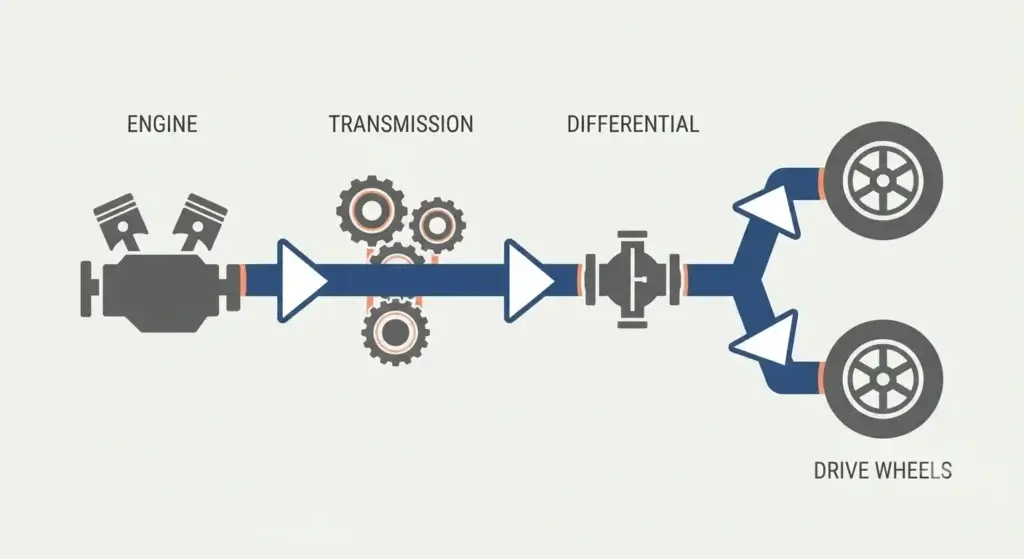 Infographic showing power flow from engine through transmission to wheels