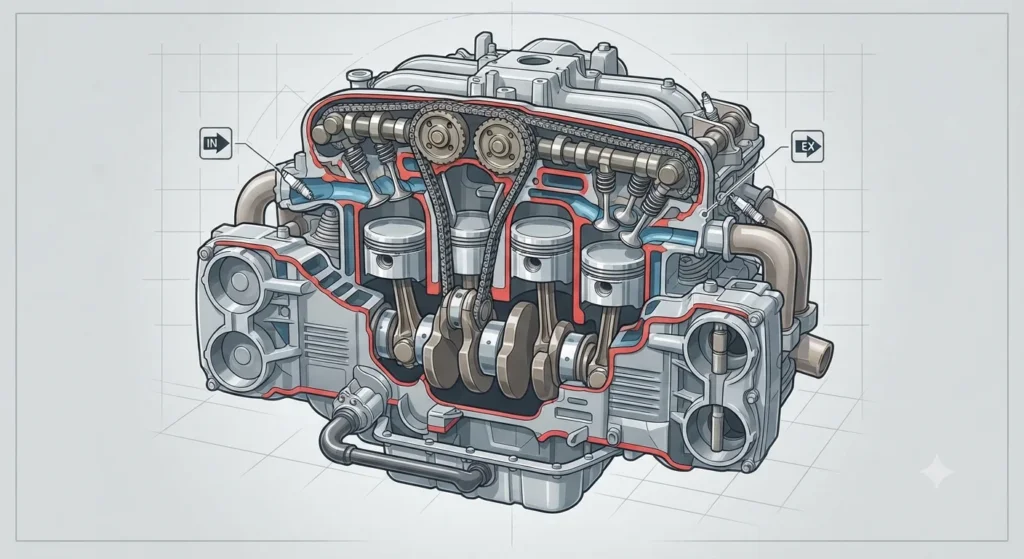 Diagram of a flat-4 boxer engine showing horizontally opposed pistons.