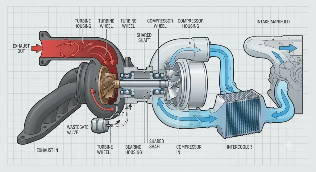 Diagram of a turbocharger showing turbine, compressor, and intercooler.