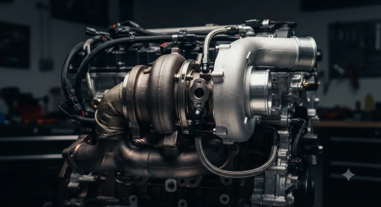 Turbocharger unit mounted on a car engine.