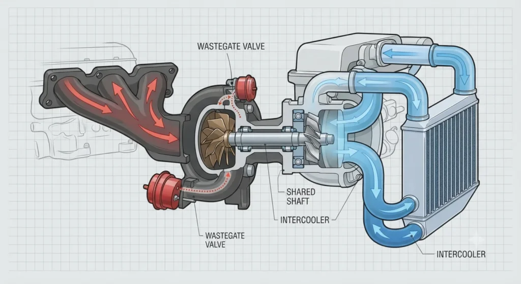 How A Turbocharger Works Diagram of a turbocharger showing turbine, compressor, and intercooler flow.