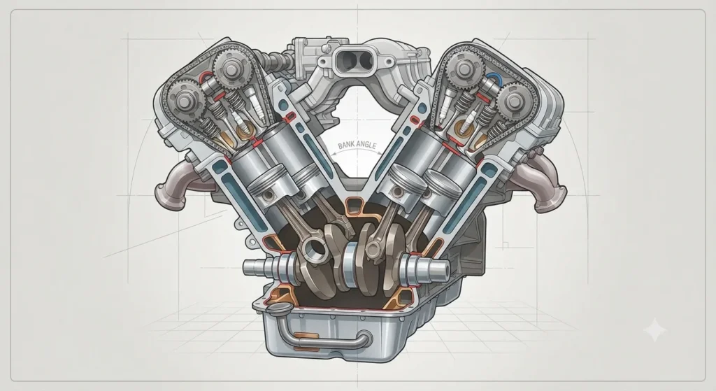 V6 Vs V8 Engine Diagram of a V engine showing two angled cylinder banks and shared crankshaft.