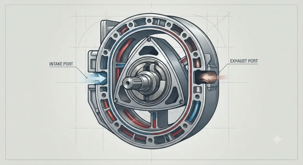 Rotary Engine & Bugatti Diagram of a Wankel rotary engine showing the triangular rotor inside its housing.