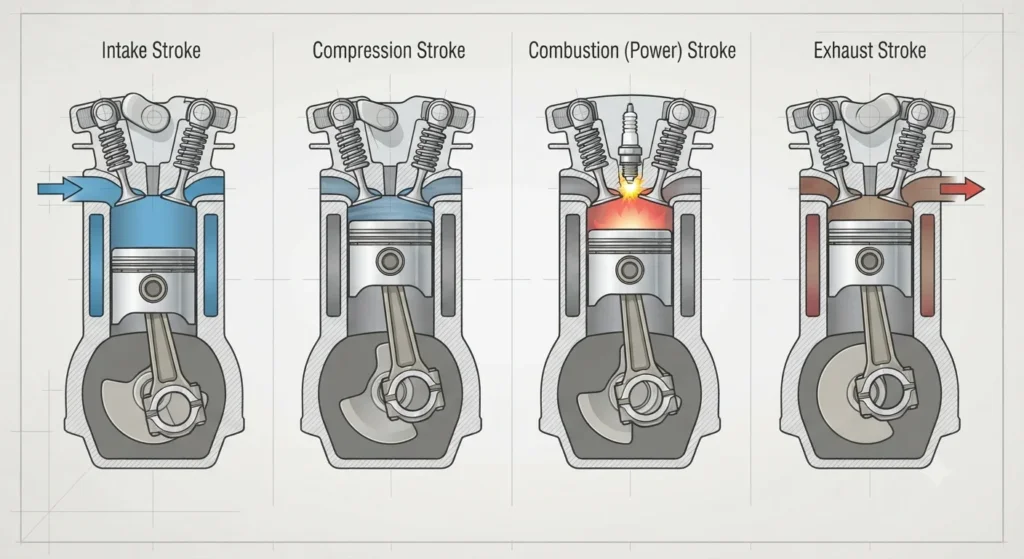 Diagram of the four-stroke internal combustion engine cycle.