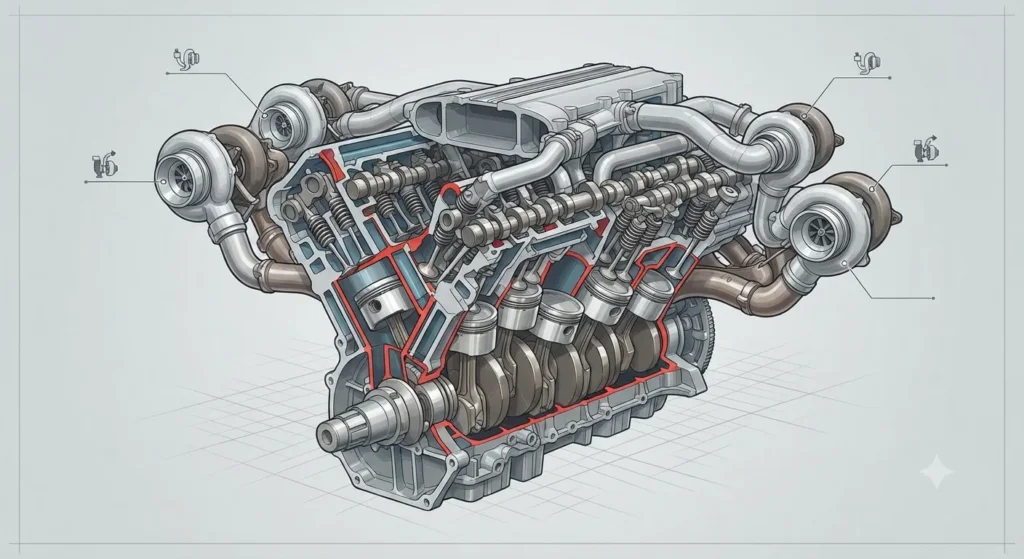 Diagram of a W16 engine showing four cylinder banks in a W-shaped configuration.