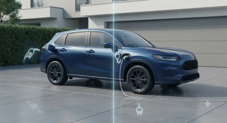 Modern hybrid car representing both petrol and electric power sources.