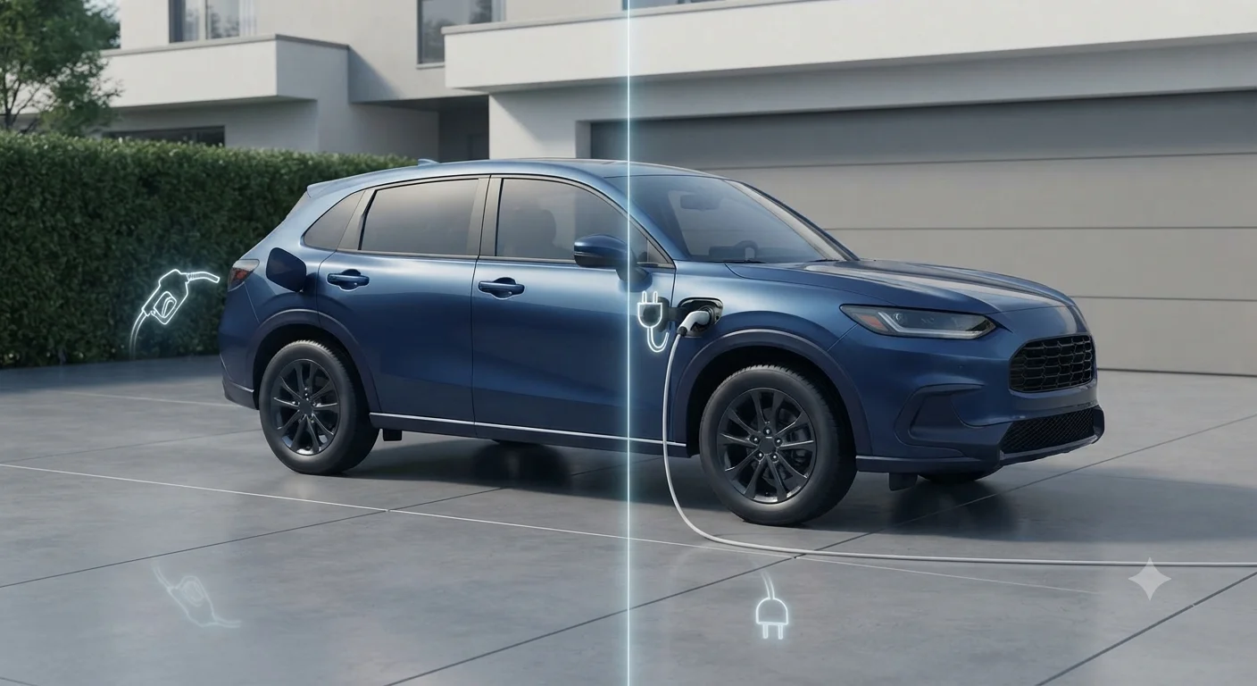 Modern hybrid car representing both petrol and electric power sources.