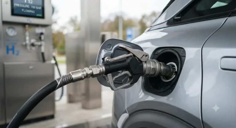 Hydrogen refuelling nozzle connected to a car at a filling station.