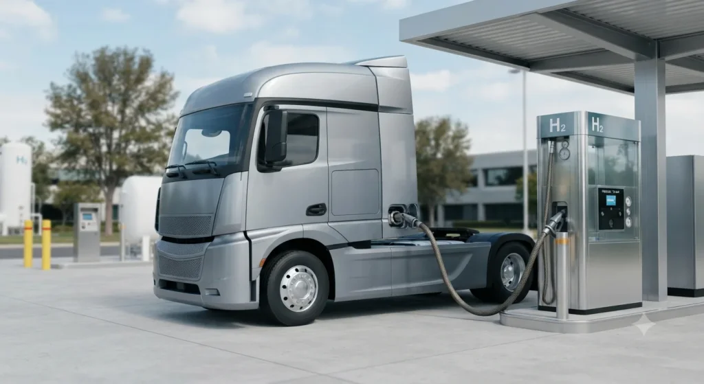 Heavy goods vehicle at a hydrogen refuelling station representing commercial HICE use.