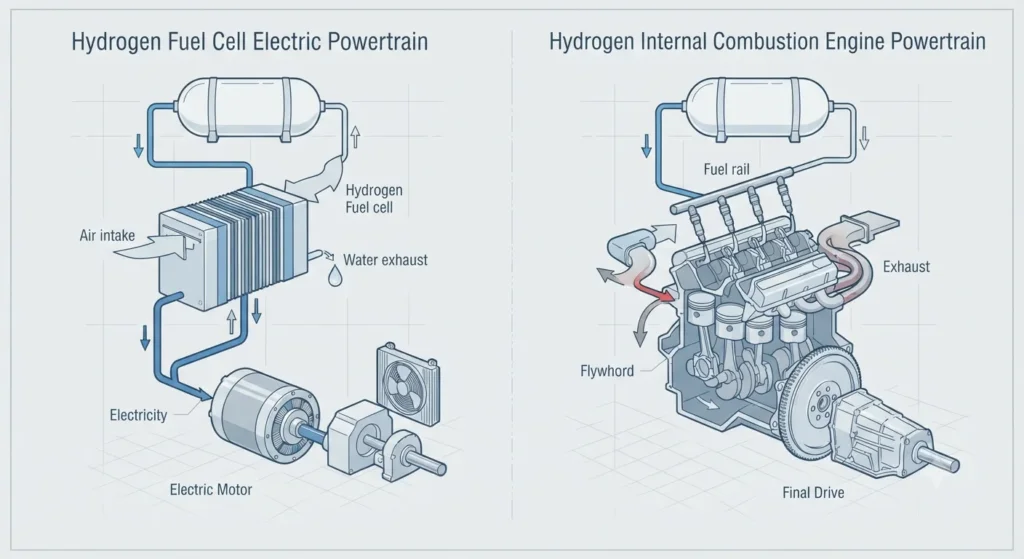 Diagram comparing hydrogen fuel cell and hydrogen combustion engine systems.