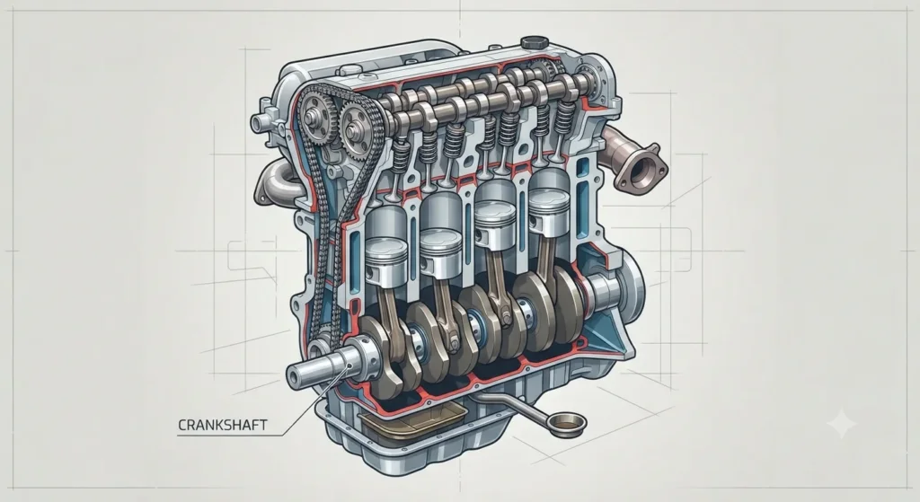 Inline-4 Vs Inline-6 engine Diagram of an inline-4 engine with four cylinders in a single row.
