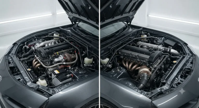 Comparison of inline-4 and inline-6 engine bays side by side.
