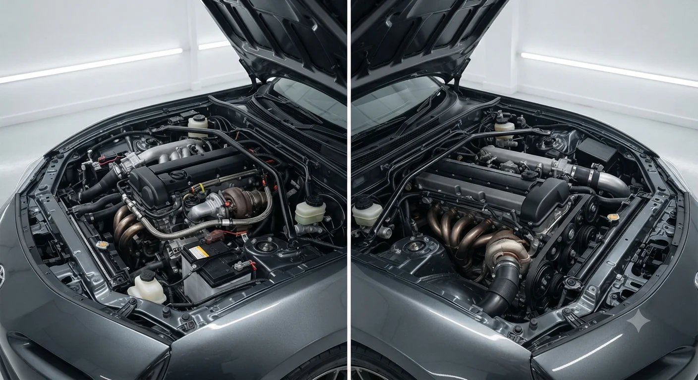 Comparison of inline-4 and inline-6 engine bays side by side.
