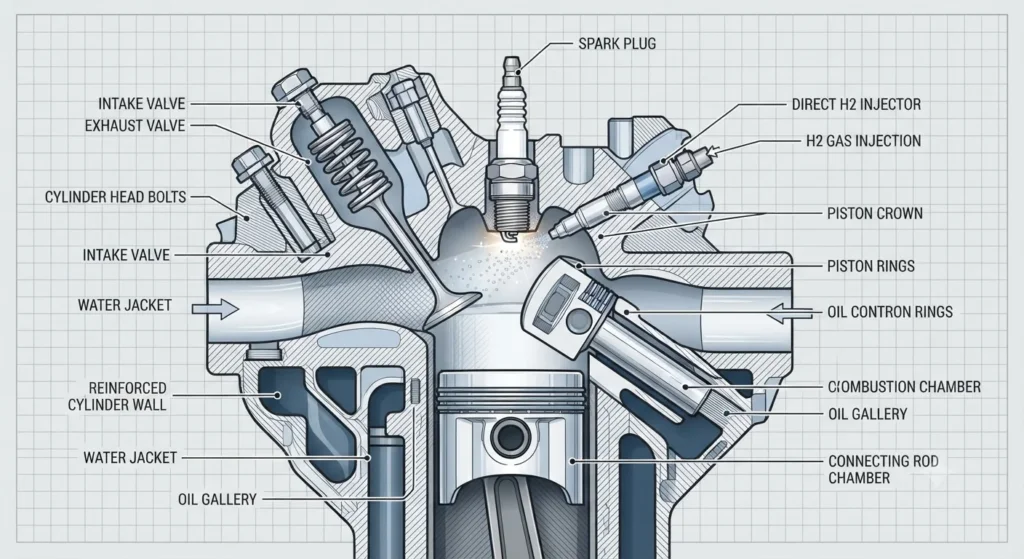 Diagram of a hydrogen internal combustion engine cylinder with direct injection.