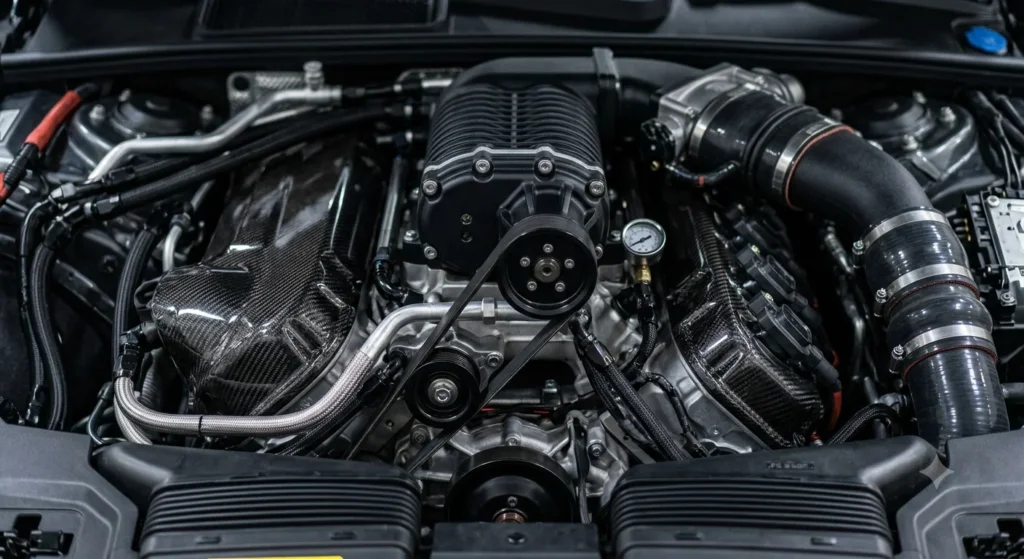 Range Rover Sport SVR Supercharged V8 engine bay showing the belt-driven supercharger unit.
