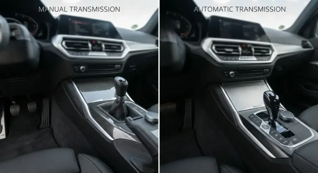 Manual gear stick compared to automatic gear selector in a car