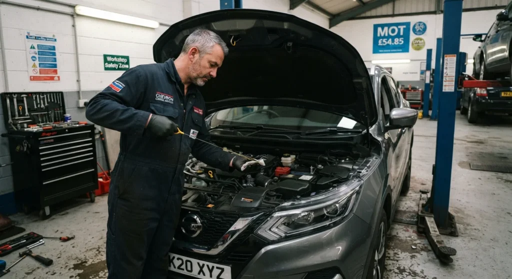 Mechanic checking oil level on a Chevrolet Captiva