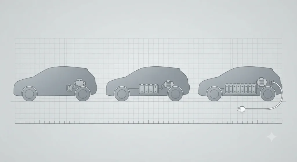 Infographic comparing mild, full, and plug-in hybrid battery sizes.