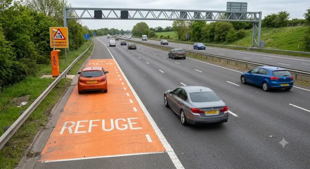 Car parked in an orange motorway emergency refuge area next to an SOS emergency telephone