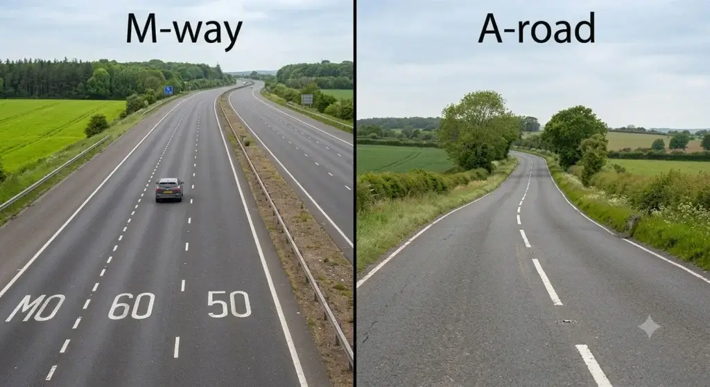 Side-by-side comparison of a UK motorway with multiple lanes and a narrow single-carriageway A-road