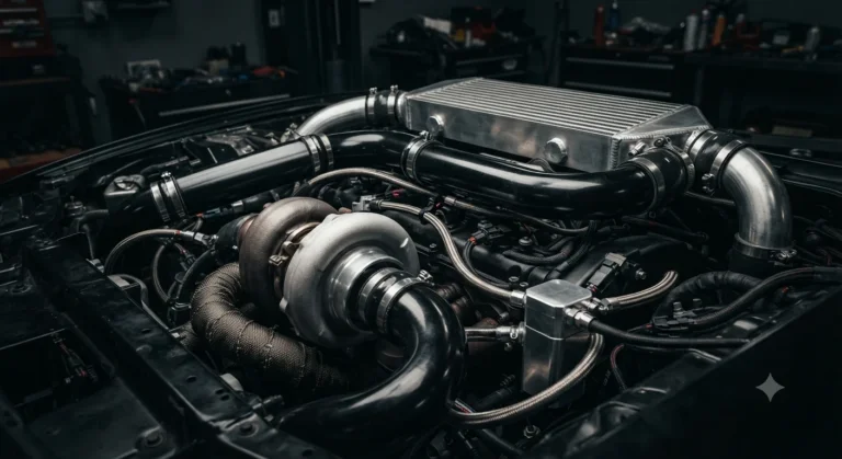 Engine bay showing turbocharger and intercooler piping.