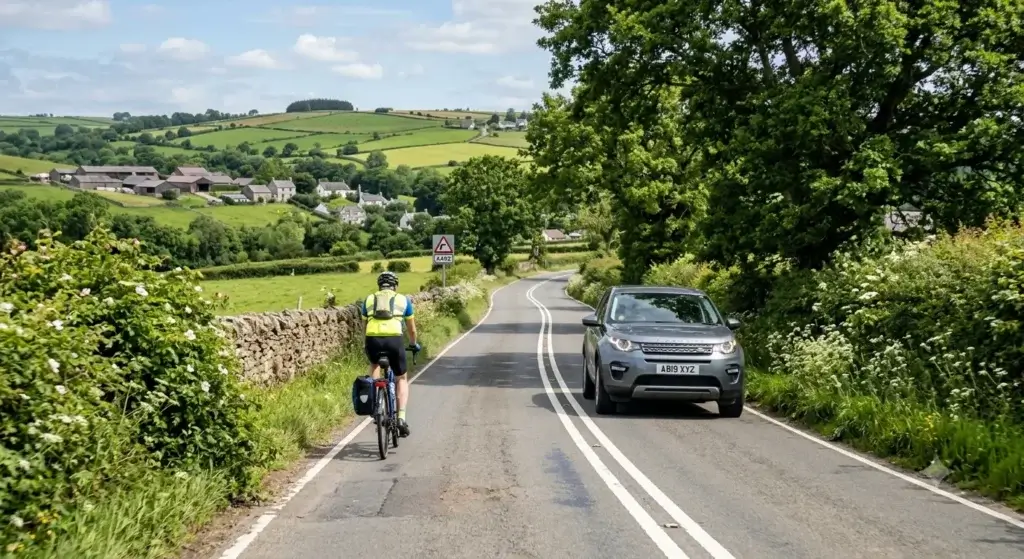 Car overtaking a cyclist on a UK country road at a safe distance