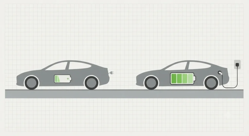 Infographic comparing battery size between plug-in hybrid and full hybrid cars.