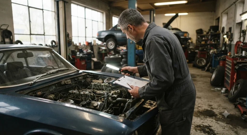 Mechanic inspecting a car engine during a pre-purchase check.