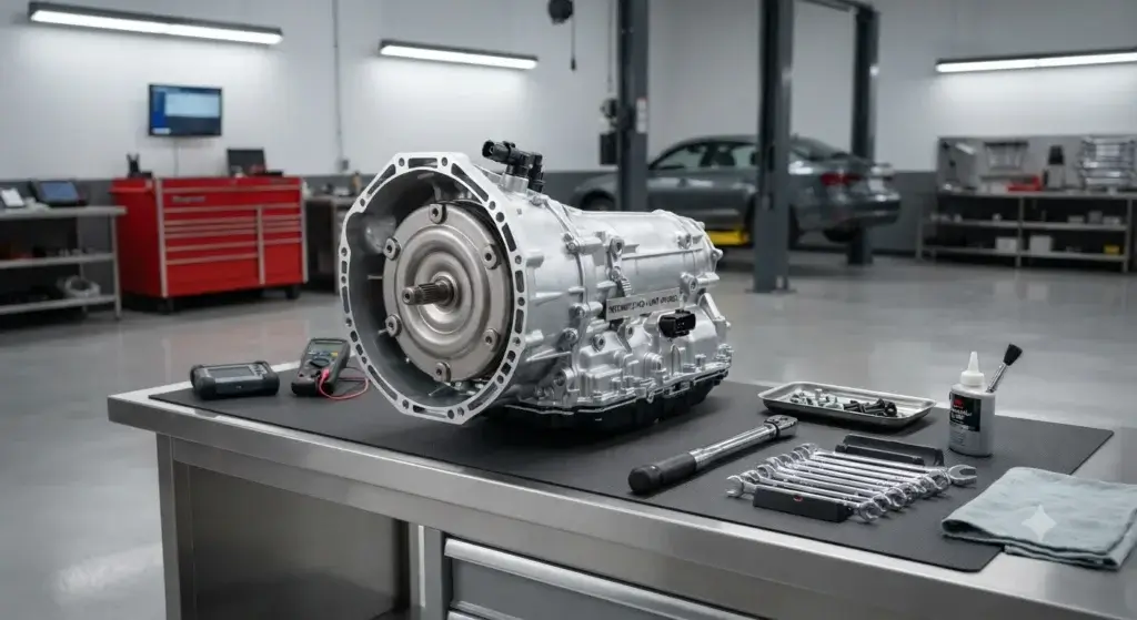 Reconditioned car transmission unit ready for fitting in a UK garage