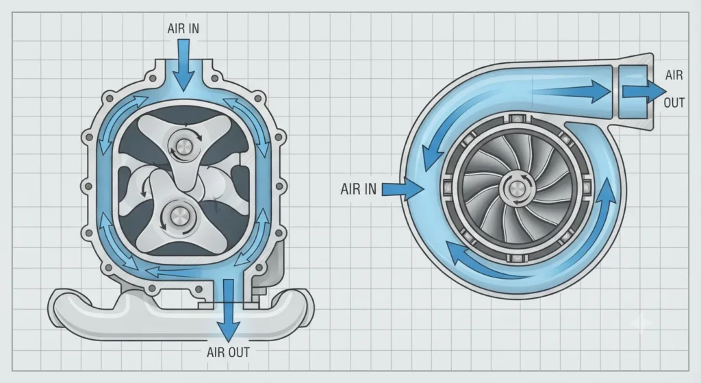 Diagram comparing Roots and centrifugal supercharger designs.