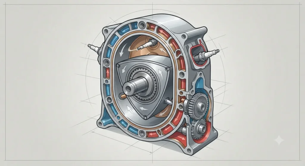 Diagram of a rotary Wankel engine with a triangular rotor.